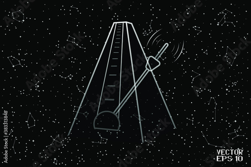 Black and White Translucent Metronome with Pendulum. Endless Time Symbol. Single Object Isolated on Starry Night Background. Panoramic Sky Map of Hemisphere. Vector. 3D Illustration