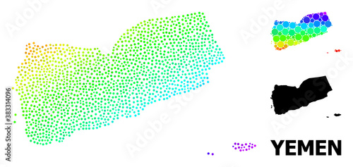 Dot bright spectral, and solid map of Yemen, and black text. Vector structure is created from map of Yemen with circles. Abstraction is useful for political posters. Spectrum gradiented map of Yemen, photo