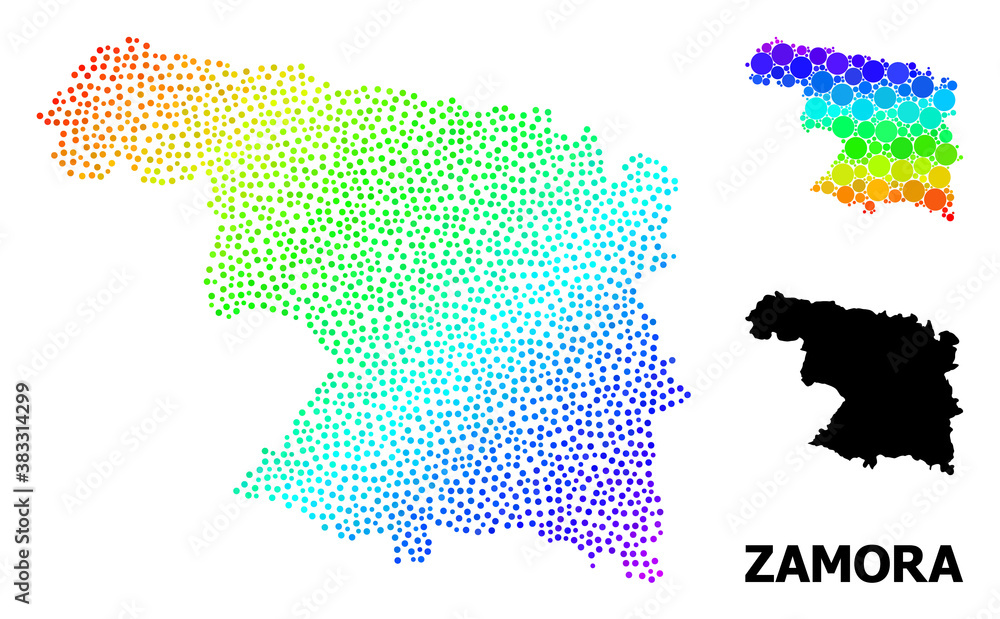 Pixelated spectrum, and monochrome map of Zamora Province, and black title. Vector model is created from map of Zamora Province with round dots. Template is useful for geographic ads.