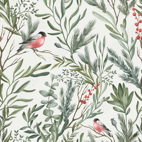 Watercolor seamless pattern with winter leaves, branches, berries, bullfinch bird