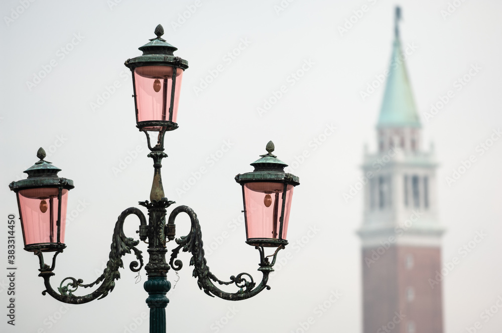 Ornate Lamp and the Bell Tower of San Giorgio Maggiore Church in the Mist, Venice, Italy
