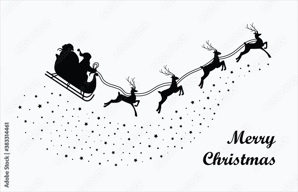Obraz premium Santa Claus flying with reindeer on stars and snow silhouette. Merry Christmas banner. Cartoon style. Vector Illustration.