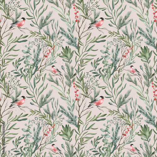 Obraz na plátně Watercolor seamless pattern with winter leaves, branches, berries, bullfinch bird