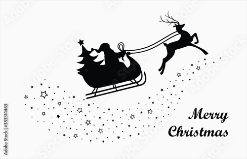 Santa Claus flying with reindeer on stars and snow silhouette. Merry Christmas banner. Cartoon style.  Vector Illustration.