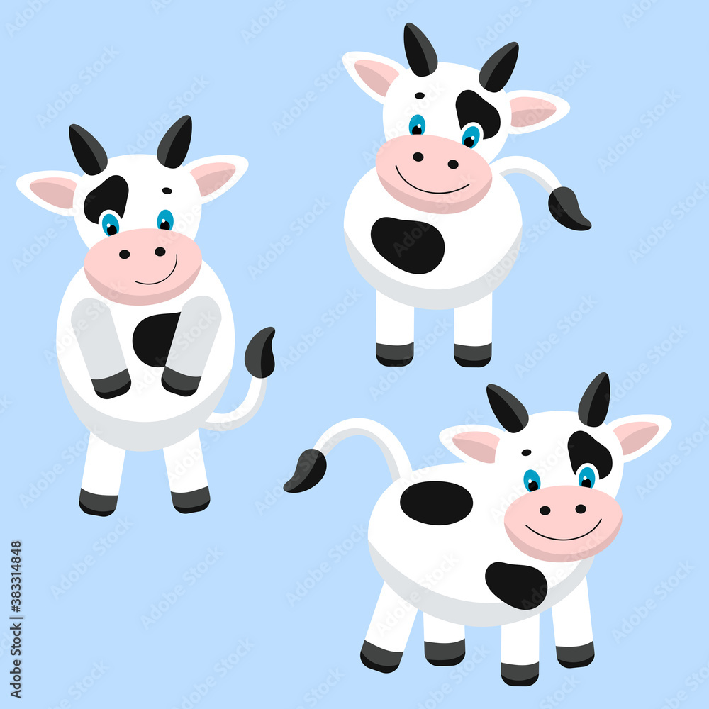 Fototapeta premium Vector set with cows on a blue background