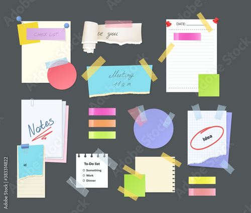 Paper notes on stickers, reminders notepads, memo messages torn paper sheets attached with transparent tape. Office torn pieces for write short notes, messages of meeting reminder, to-do list