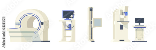 Hospital medical equipment set. Computed tomography brain, MRI magnetic resonance tomograph vector cartoon isolated, FGS apparatus installation, digital mammograph, ultrasound scanner vector