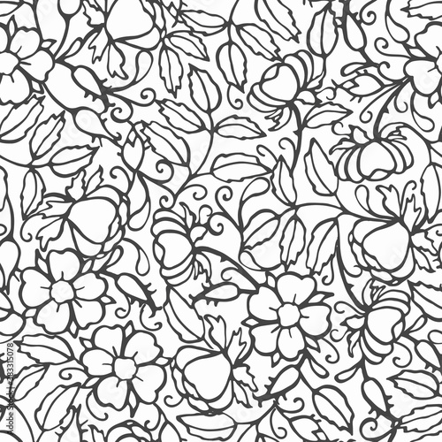 Retro wild rose line art pattern. Vintage folk art hand drawn floral design. Gold outline florals on white background. Elegant nature background. Perefect for event, wedding and gift wrap.
