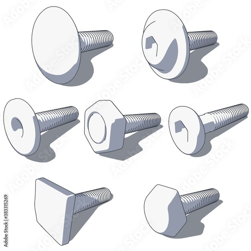 steel long bolts hardware collection with shadow from the left top view isolated on white background vector illustration
