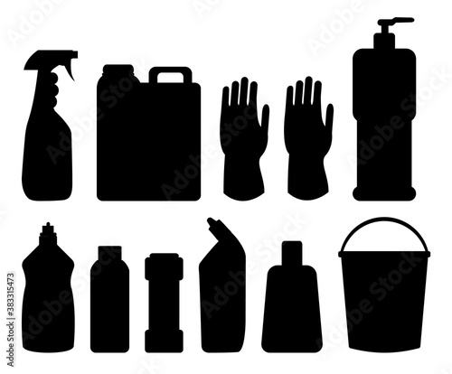 Black silhouette of bottles group of household chemicals, supplies and cleaning, tools and containers for cleaning. Icons set of plastic flasks from chemical detergents, bucket and latex gloves