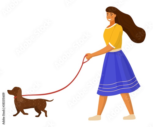 Young girl walking with dog in the park summer time. Woman is going with a doggy sunny day isolated on white background. A happy pet dachshund running with the owner flat vector illustration
