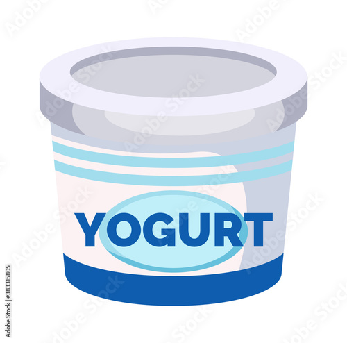 Yogurt vector icon. Jar with a milk drink isolated on white background. White container with blue stripes. Dairy natural product organic food, dairy drink. Healthy lifestyle and nutrition, baby food