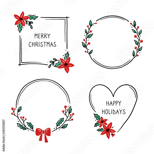 Set of christmas wreath floral frame for text decoration. Hand drawn style illustration.