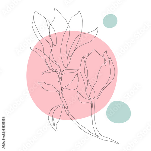 Abstract one line art leaves. flower contour drawing. Minimal art flower on geometric shapes backgroud. Elegant continuous line drawing