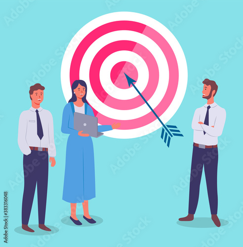 Target with arrow in bullseye, business teamwork. Team of workers dealing with setting goals. People discussing working tasks and plans. Aim of successful project. Achieving target and winning