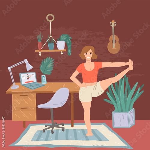 Woman doing yoga activity at home. View a yoga lesson online on a computer. A lesson with an instructor from home. Vector illustration