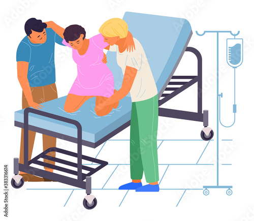 Pregnancy preparing. Pregnant woman on coach in medical clinic perinatal centre is ready to give a birth for a child. Obsetrician doctors in hospital and a man husband help a woman in childbirth