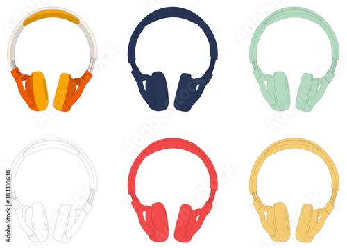 Set of colorful wireless headphones, vector illustration in flat design. Vector realistic headphones icon set, music bluetooth handsfree earphones