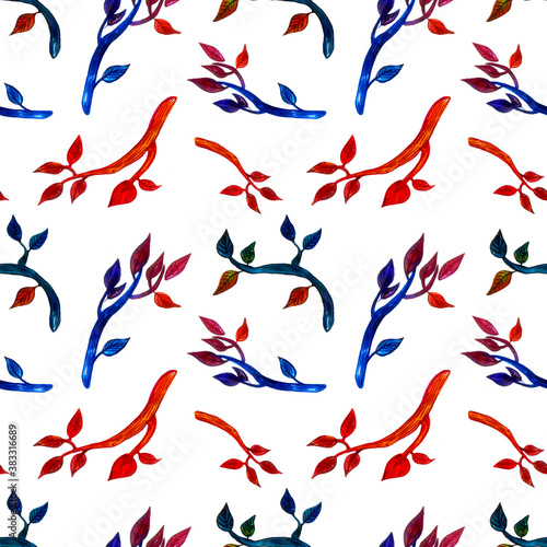 Watercolor seamless pattern with bright colorful branches.Hand painted illustration.