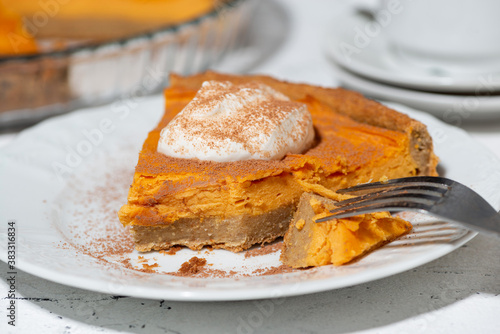 piece of sweet pumpkin pie with cream