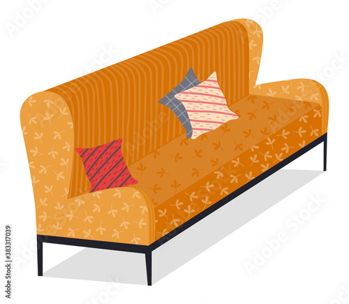 Retro yellow colored sofa. Living room furniture design concept modern home interior element vector. Contemporary furniture for living room or home office. Modern sofa with soft cloth upholstery