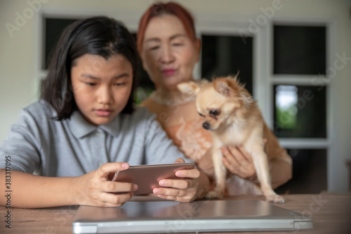 Asian grandmother and Kid using mobile phone together. Thai Elderly Woman and Child learn online study at home. Grandmother holding and play with dod. Happy family in New normal Lifestyle concept.