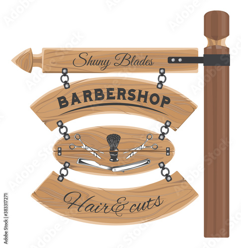 Barbershop salon wooden signboard with inscriptions, shaving brush, clippers and dangerous blade. Barber shop logotype, emblem with scissors and razors hanging on wooden boards on a pillar