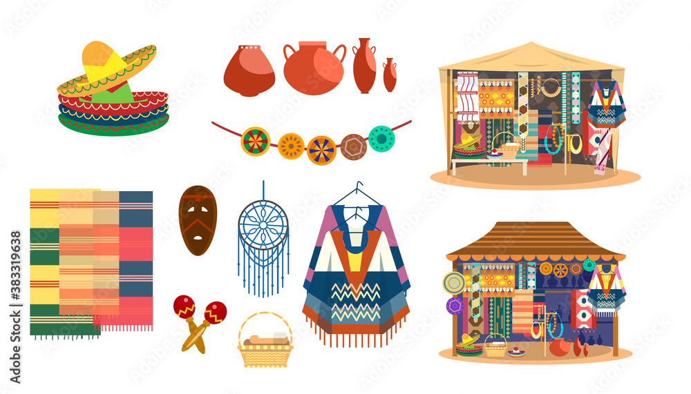 Vector set of Mexican handicrafts. Traditional souvenirs. Fabric and carpets store. Street shop. Sombrero hats, ponchos, maracas, dream catcher, mask, jewelry, mats, ceramics.