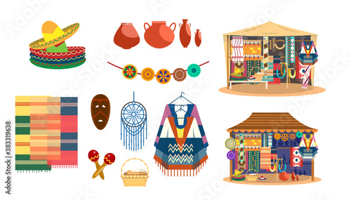 Vector set of Mexican handicrafts. Traditional souvenirs. Fabric and carpets store. Street shop. Sombrero hats, ponchos, maracas, dream catcher, mask, jewelry, mats, ceramics.