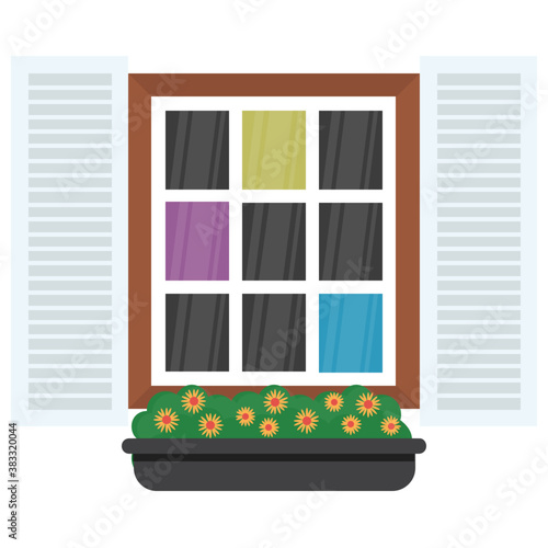 
A window shutter depicting exterior of the home 
