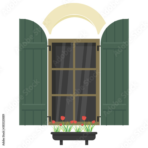 
A window shutter depicting exterior of the home 
