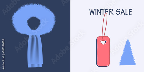 Faux fur, long pile - collar and scarf - vector. Beauty Fashion. Sale. Banner horizontal