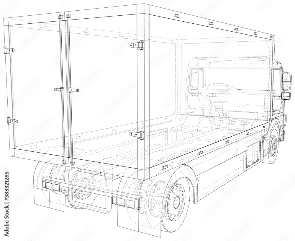 Obraz premium Commercial cargo van vector. Isolated Wire-frame Truck freight. Wire-frame line isolated. Vector rendering of 3d.