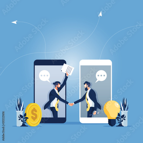 Online contract concept-Two businessman in smartphone making deal, Two businessman settle contract with signing up contract and handshake