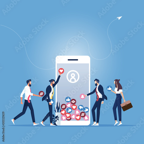 Online marketing concept-Increase your social media followers with successful marketing strategies, People bringing likes and reactions to a social media profile on a smartphone
