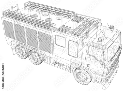 Fire Engine vector. Fire truck Wire-frame line isolated. Vector rendering of 3d.