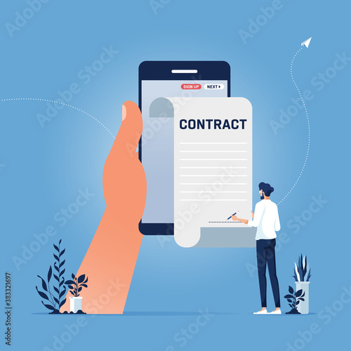 Settle contract or make deal online concept, Businessman signing up smart or electronic contract with digital signature on smartphone