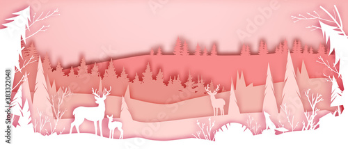 Winter paper cut vector landscape with forest outline, reindeer, fox silhouette, pine trees. Christmas holiday background with woodland, hills, branches. Minimal nature winter landscape banner in pink