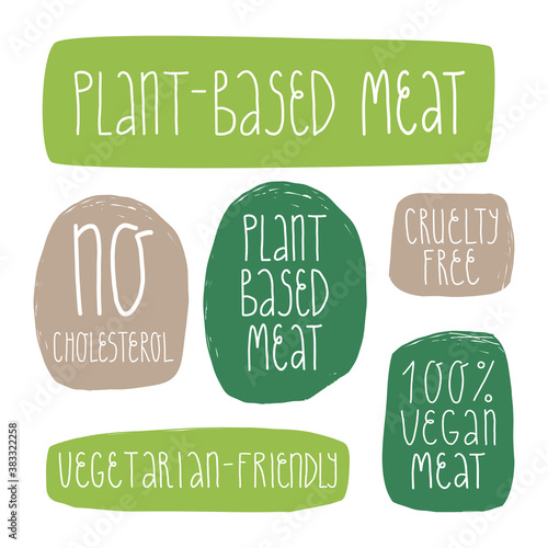 Plant-based meat sticker lettering set. No cholesterol,vegetarian-friendly,100 percent vegan, cruelty free vector labels