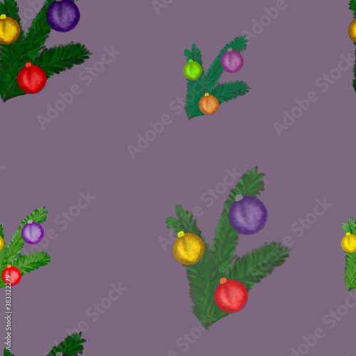 Fototapeta Naklejka Na Ścianę i Meble -  Watercolor Christmas tree branches with colorful balls on purple background. Seamless pattern. Holidays, winter, kids print, packaging, wallpaper, textile design