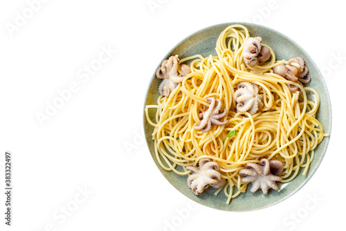 pasta spaghetti baby octopus seafood warm fresh salad second course on the table serving size top view copy space for text food background rustic