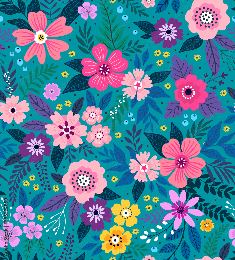 Trendy seamless vector floral pattern. Seamless print made of small multicolored flowers. Summer and spring motifs. Black background. Vector illustration.