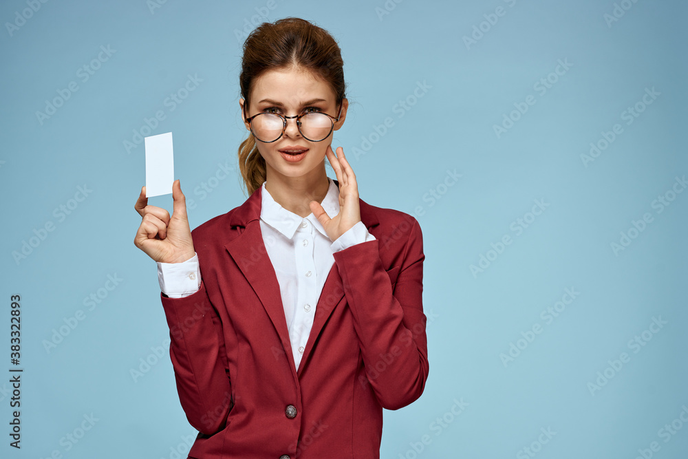 Business woman red jacket business card glasses executive blue background Business woman red jacket business card glasses executive blue background