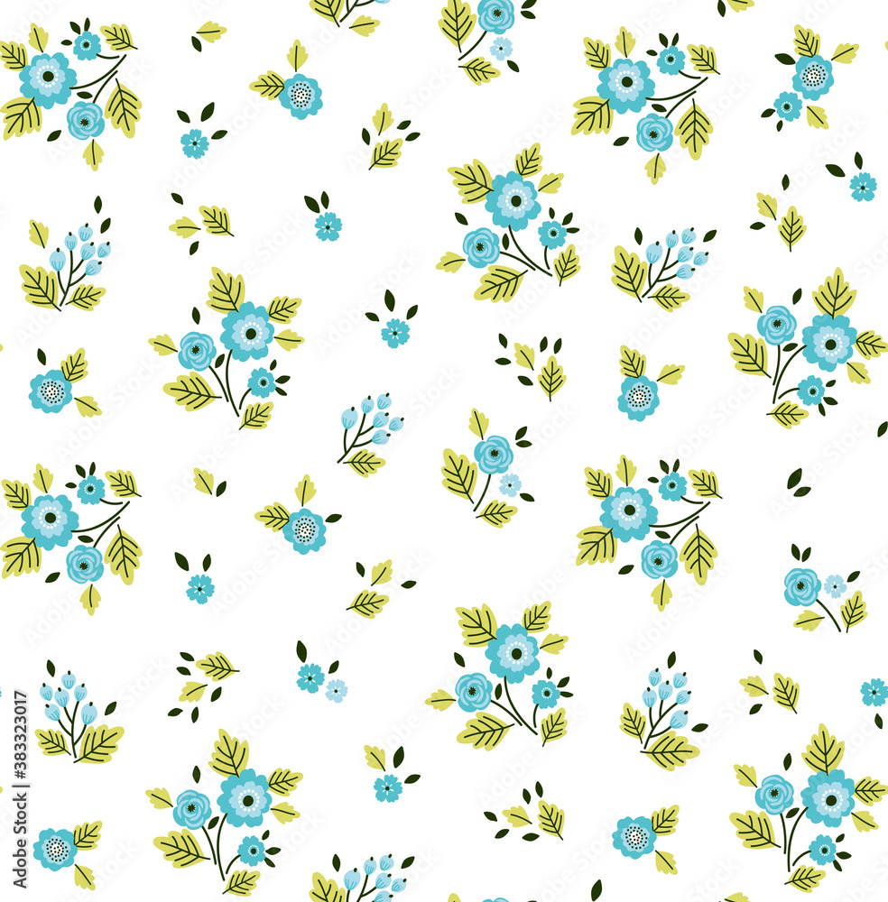 Simple cute pattern in small blue flowers on white background. Liberty style. Ditsy print. Floral seamless background. The elegant the template for fashion prints.