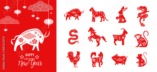 Chinese zodiac animals set with happy new year greeting card template of ox 2021. Twelve asian traditional red characters isolated on white. Vector illustration of astrology calendar horoscope symbol