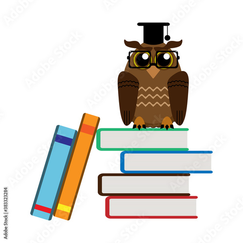 Funny wise owl and books. Cartoon vector illustration.