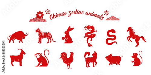 Chinese zodiac animal collection. Twelve asian new year red character logos set isolated on white background. Vector illustration of astrology calendar horoscope symbols