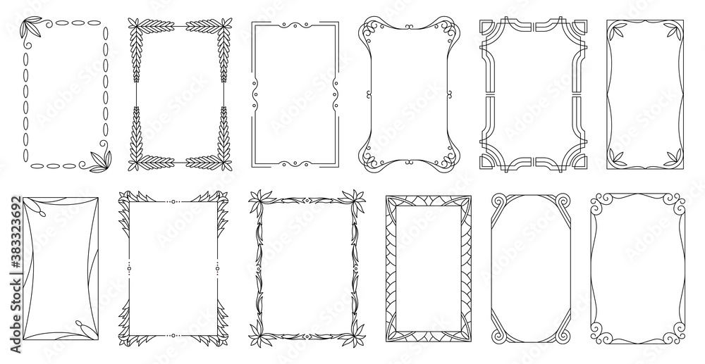 Decorative frames and borders standard rectangle proportions backgrounds. Vintage design elements set. Ornate calligraph frame