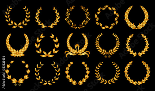 Golden laurel wreath. Collection of different black circular laurel, olive, wheat wreaths depicting an award, achievement, heraldry, nobility. Vector premium insignia, traditional victory symbol