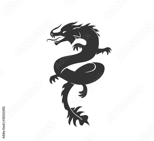 Dragon silhouette vector illustration. Black and white asian chinese traditional animal logo. Isolated on white background